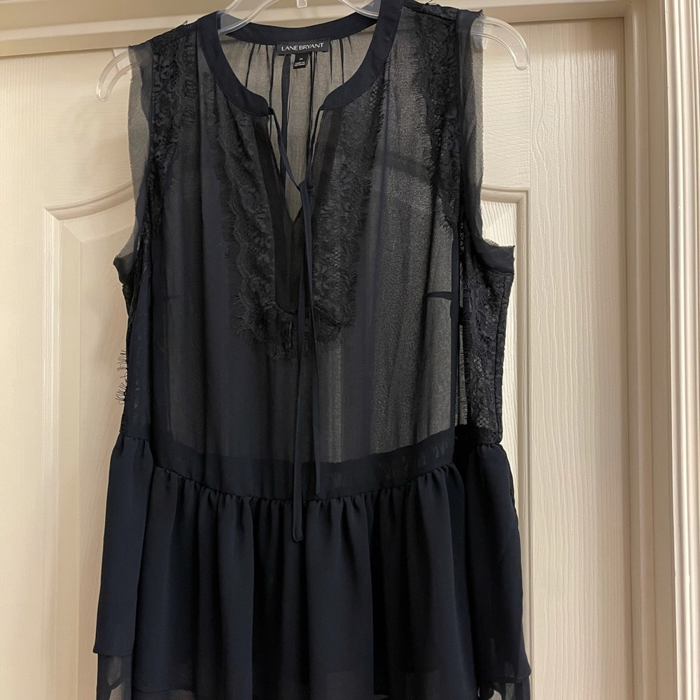 Lane Bryant Navy Sheer Lace-Trim Sleeveless Blouse